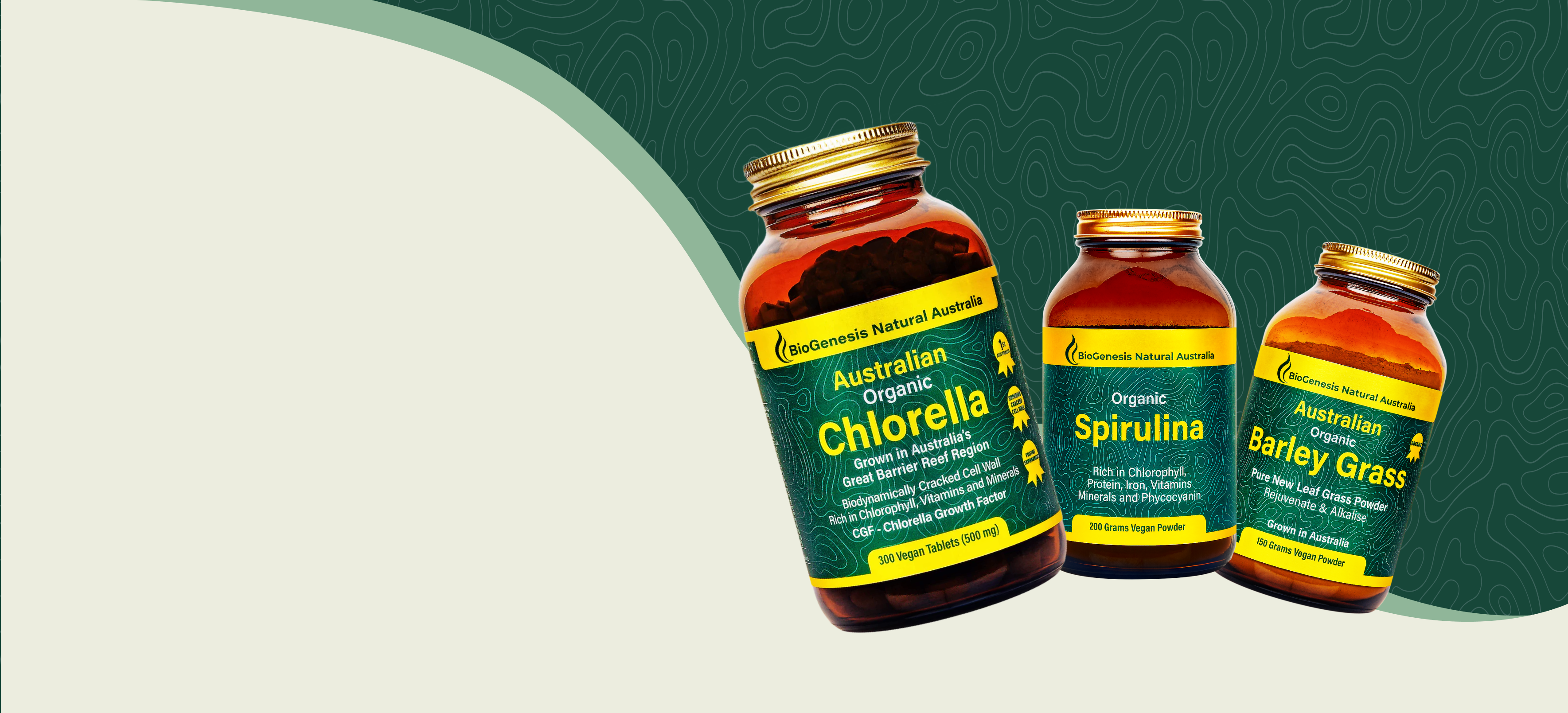 Chlorella, Spirulina and Barley grass jar shots - fanned out, positioned on the right of the image on a pattern background.