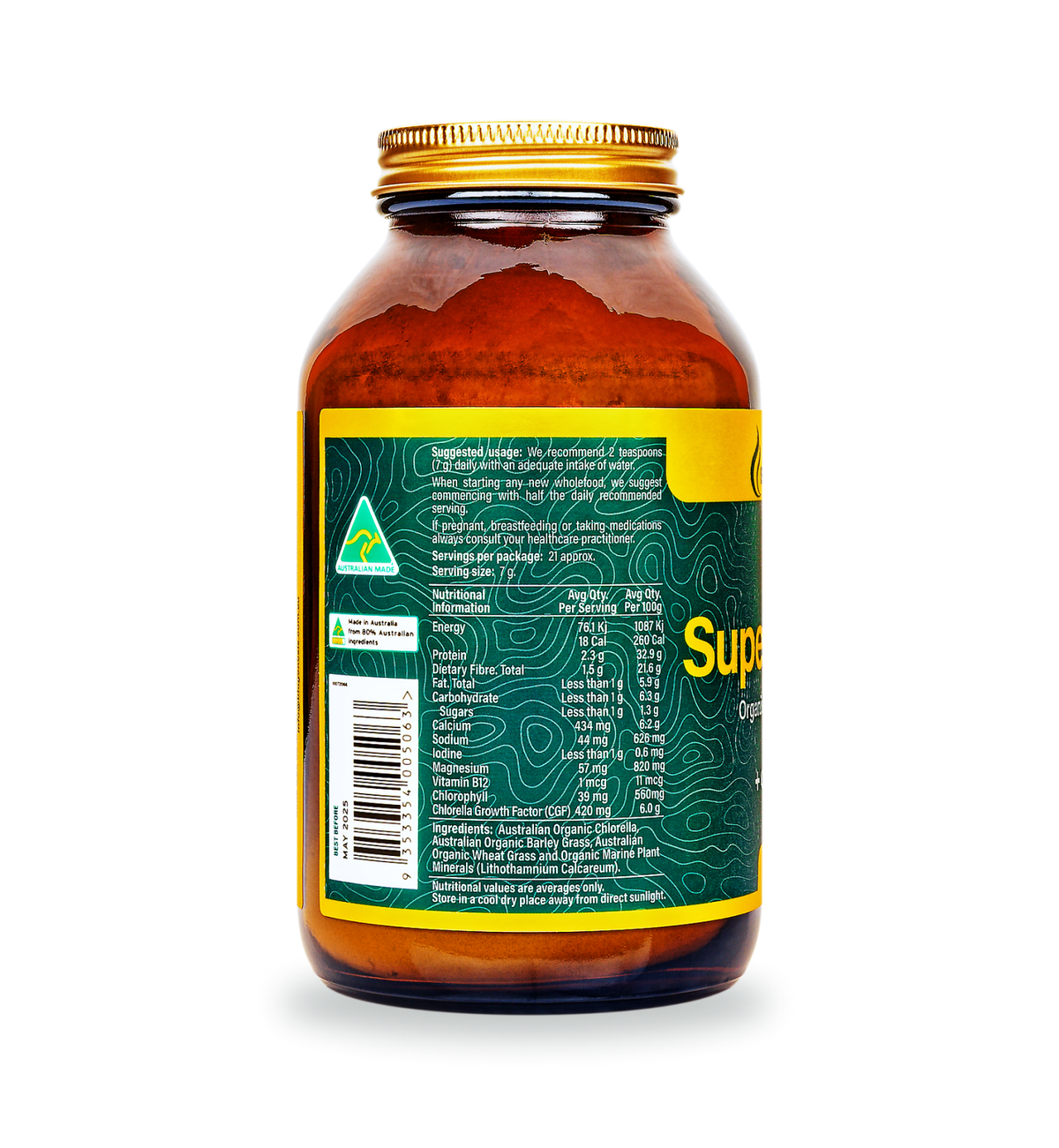 SuperGreen Plus powder 150g back shot - glass jar