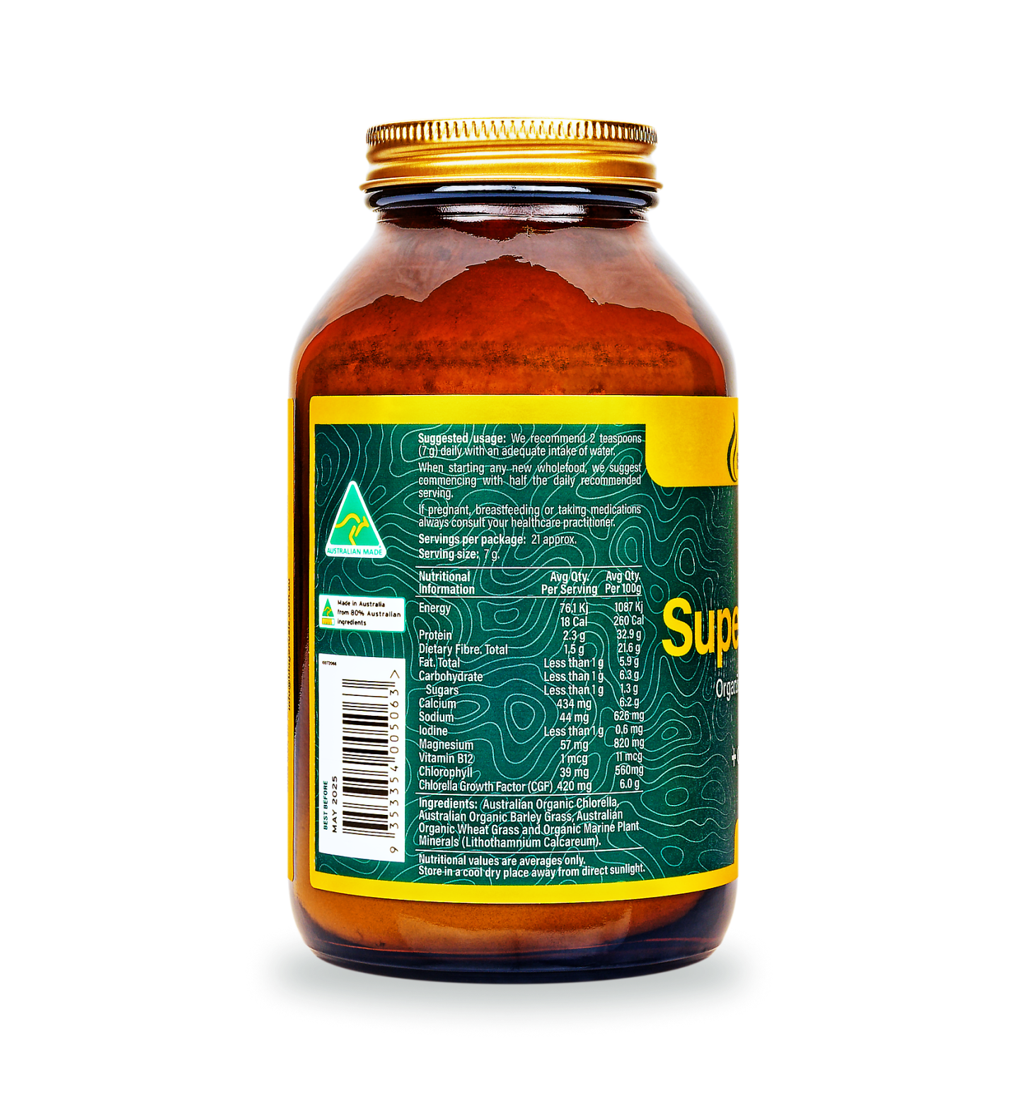 SuperGreen Plus powder 150g back shot - glass jar