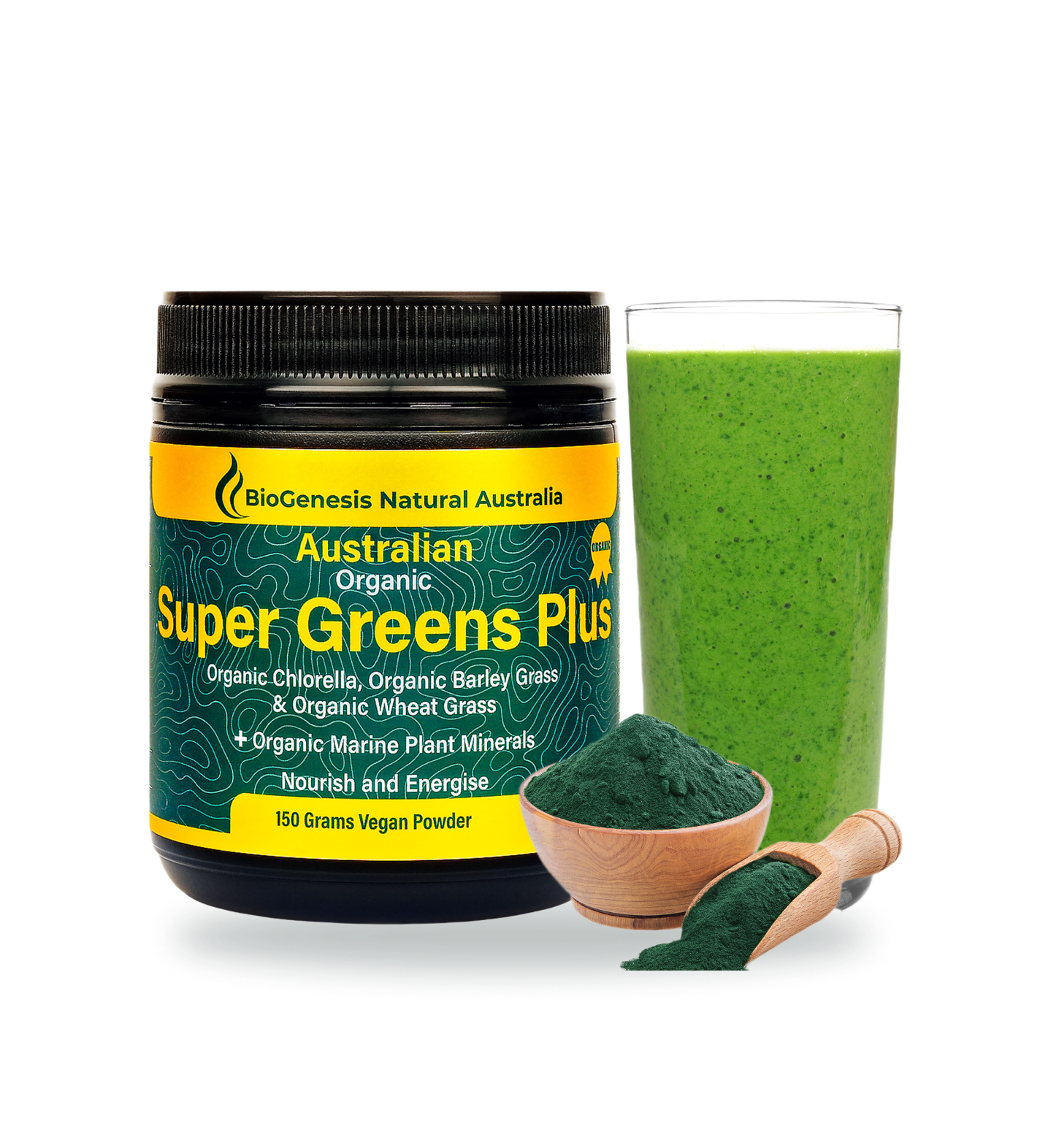 SuperGreen Plus powder 150g plastic pack front shot, tall glass full of green juice, small ramekin full of supergreen plus powder