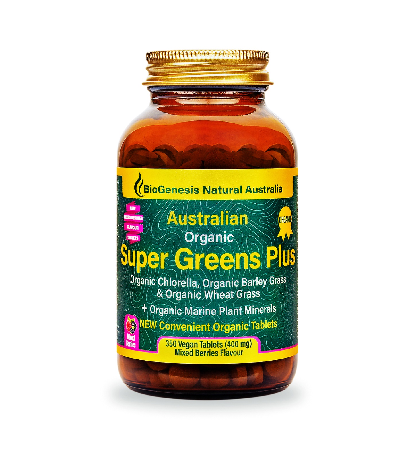 SuperGreen Plus 350 tablets mixed berries front shot - glass jar